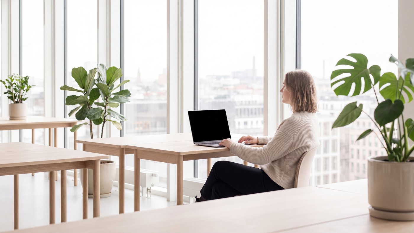 A bright Northern European office in daylight, someone working at a laptop by a tall window