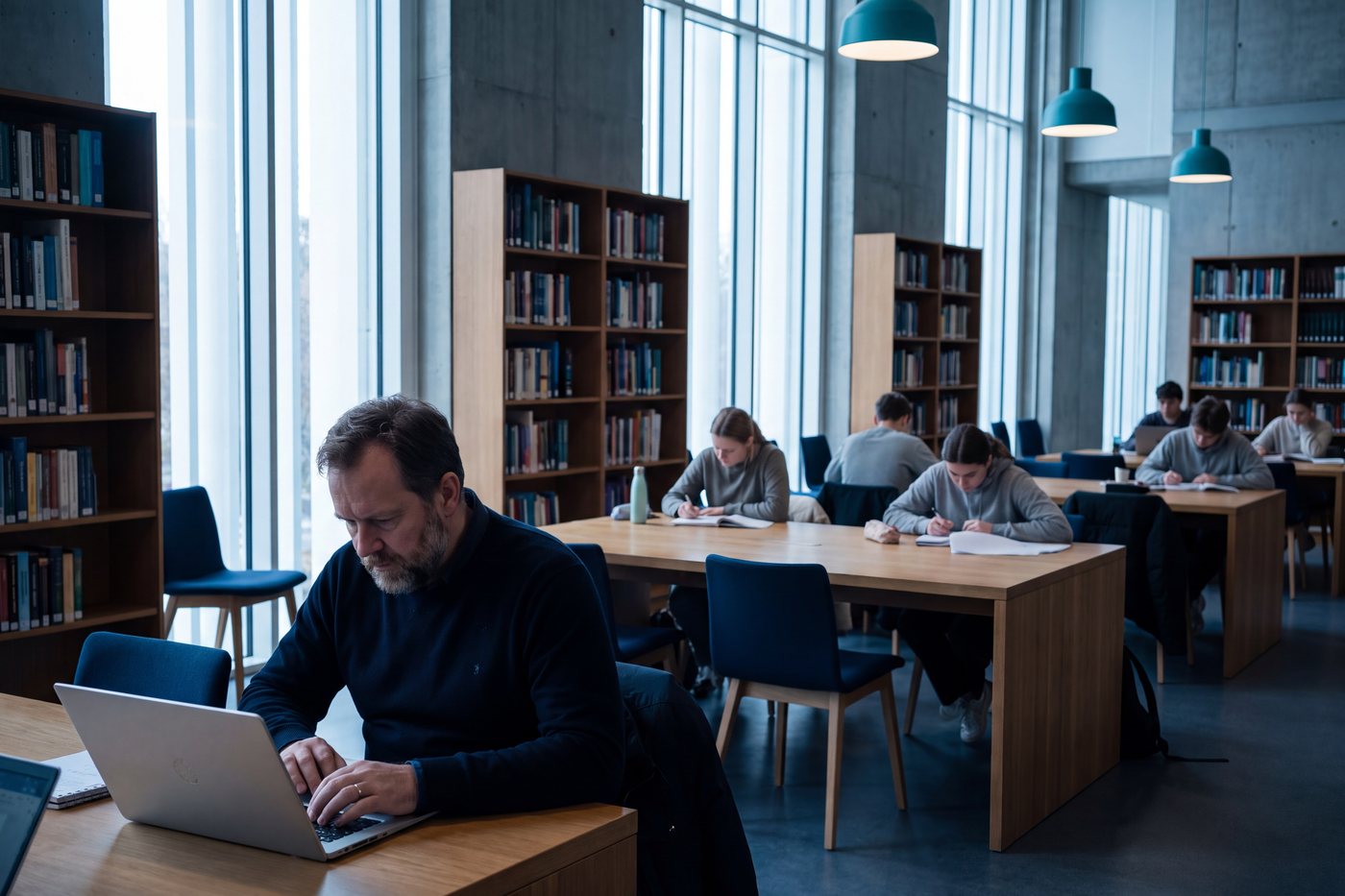 A lecturer at a laptop in a university study hall, students at long tables behind