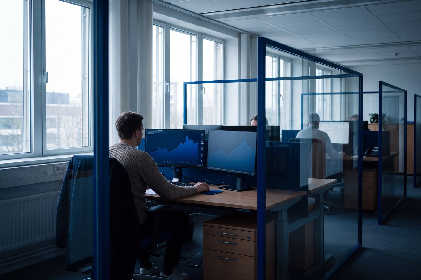 An open-plan European bank office, an employee at two monitors showing navy charts