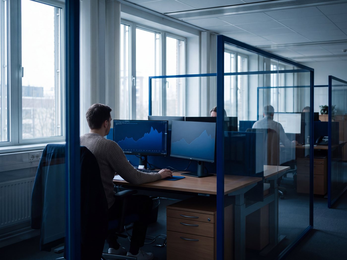An open-plan bank office in Europe, an employee at two monitors showing navy charts