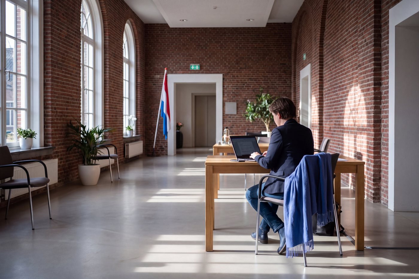 A civil servant at a laptop in a brick-walled Dutch municipal building, a Dutch flag blurred behind