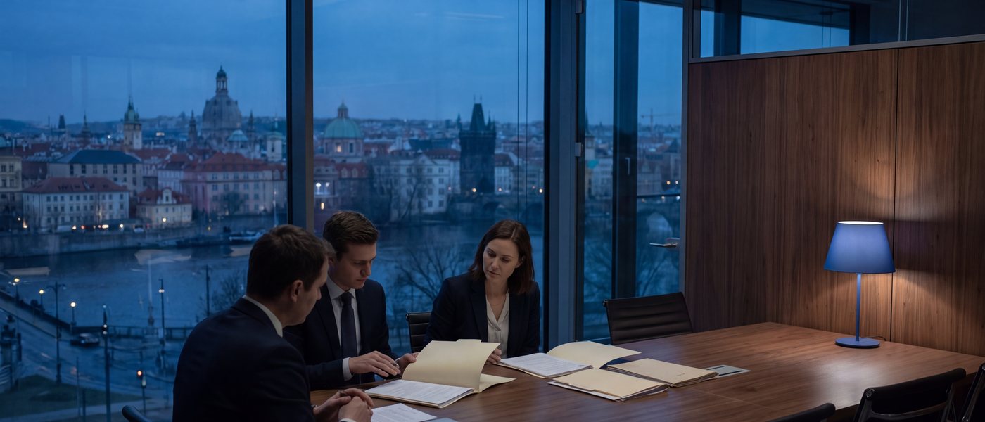 Two colleagues at a table in a meeting room, reviewing files at dusk