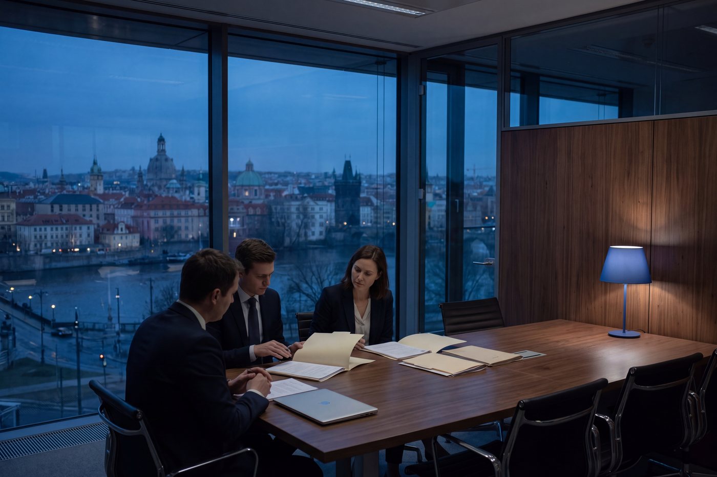 Two lawyers reviewing client files at a dark table, a European city at dusk beyond the meeting room