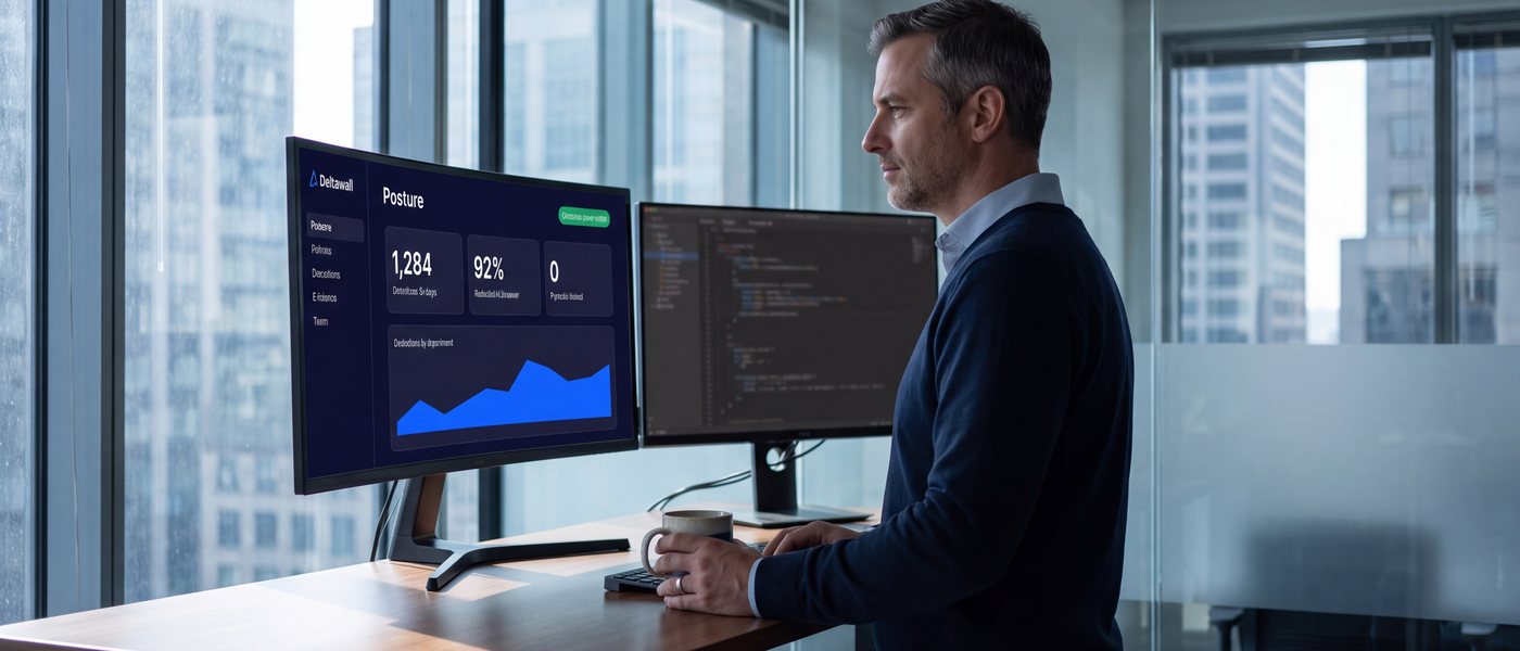 A security lead at a standing desk, watching the posture dashboard