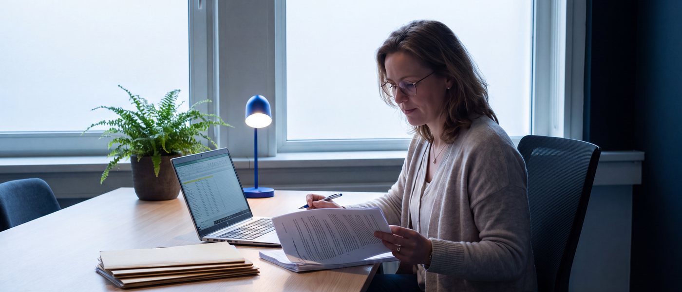 A data protection officer reading a printed document at a wooden table, laptop open, folders stacked in daylight