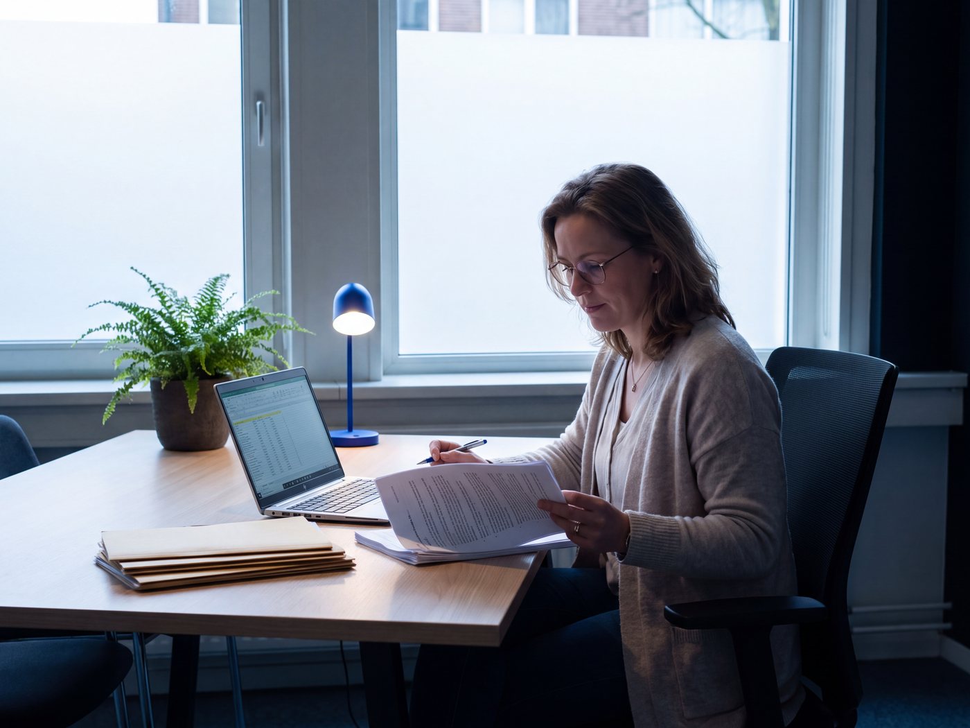A data protection officer at a desk, reading a printed document beside a laptop