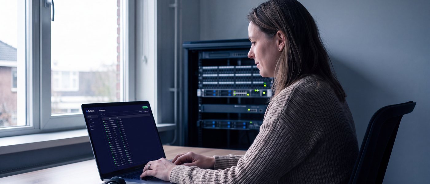 An IT administrator at a laptop showing the Deltawall console, an equipment rack blurred behind her