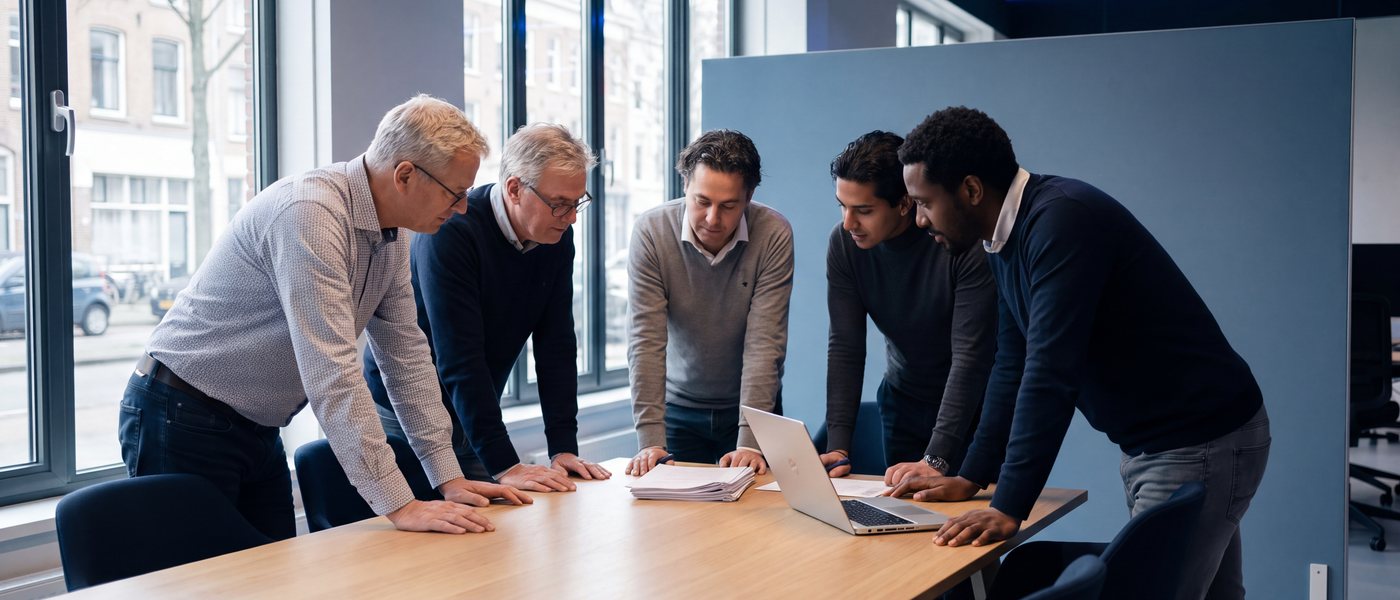 Five colleagues at a meeting table in a Dutch office, a printed agreement and an open laptop between them