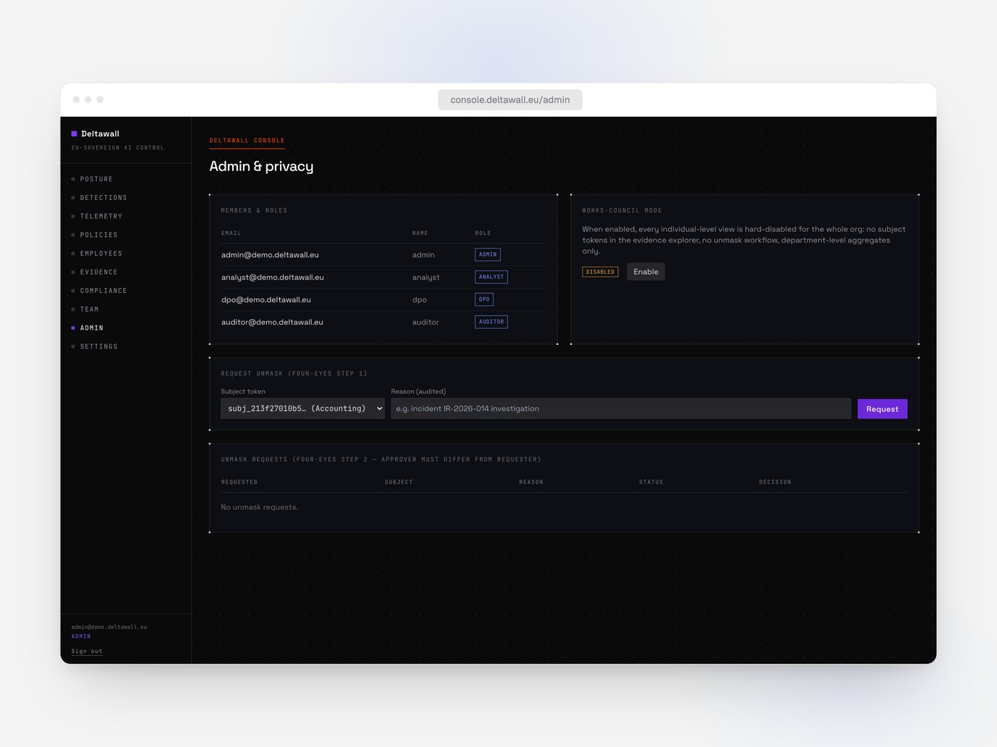 The Deltawall admin and privacy page: members, roles and the controls that govern unmasking