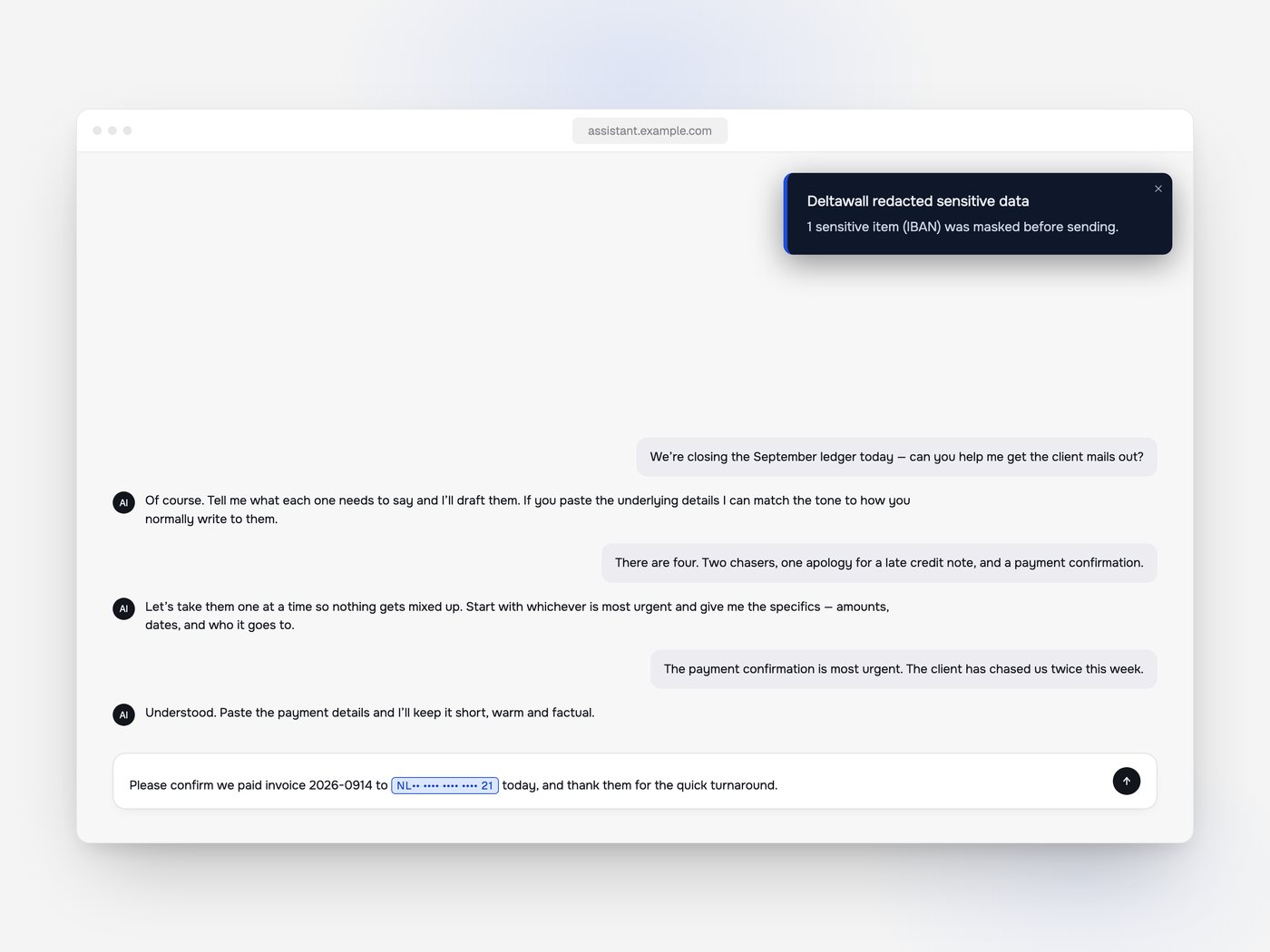The Deltawall banner in a browser, one IBAN masked in the message box before send