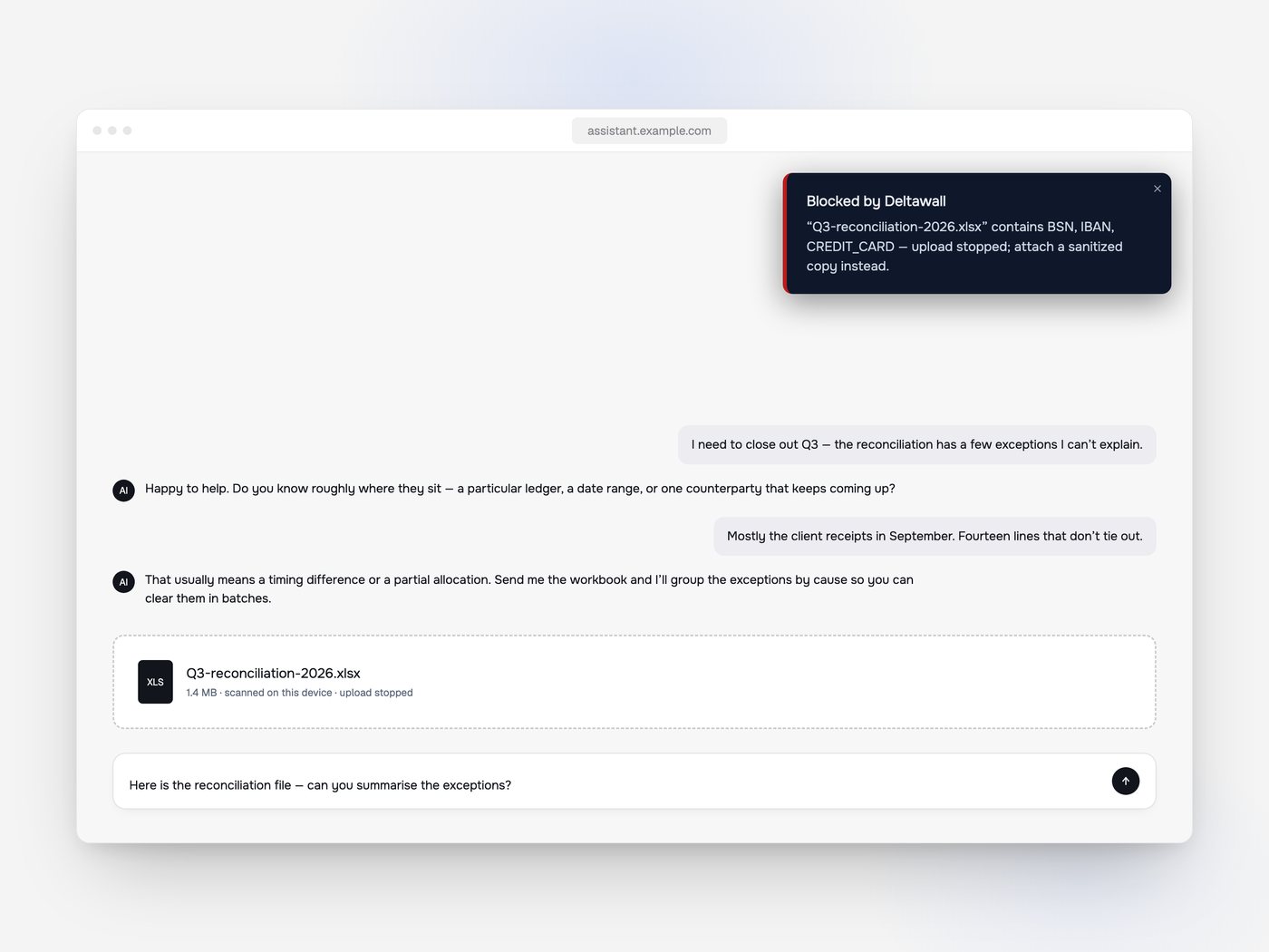 The Deltawall banner in a browser, a spreadsheet stopped on upload: BSN, IBAN and card numbers found