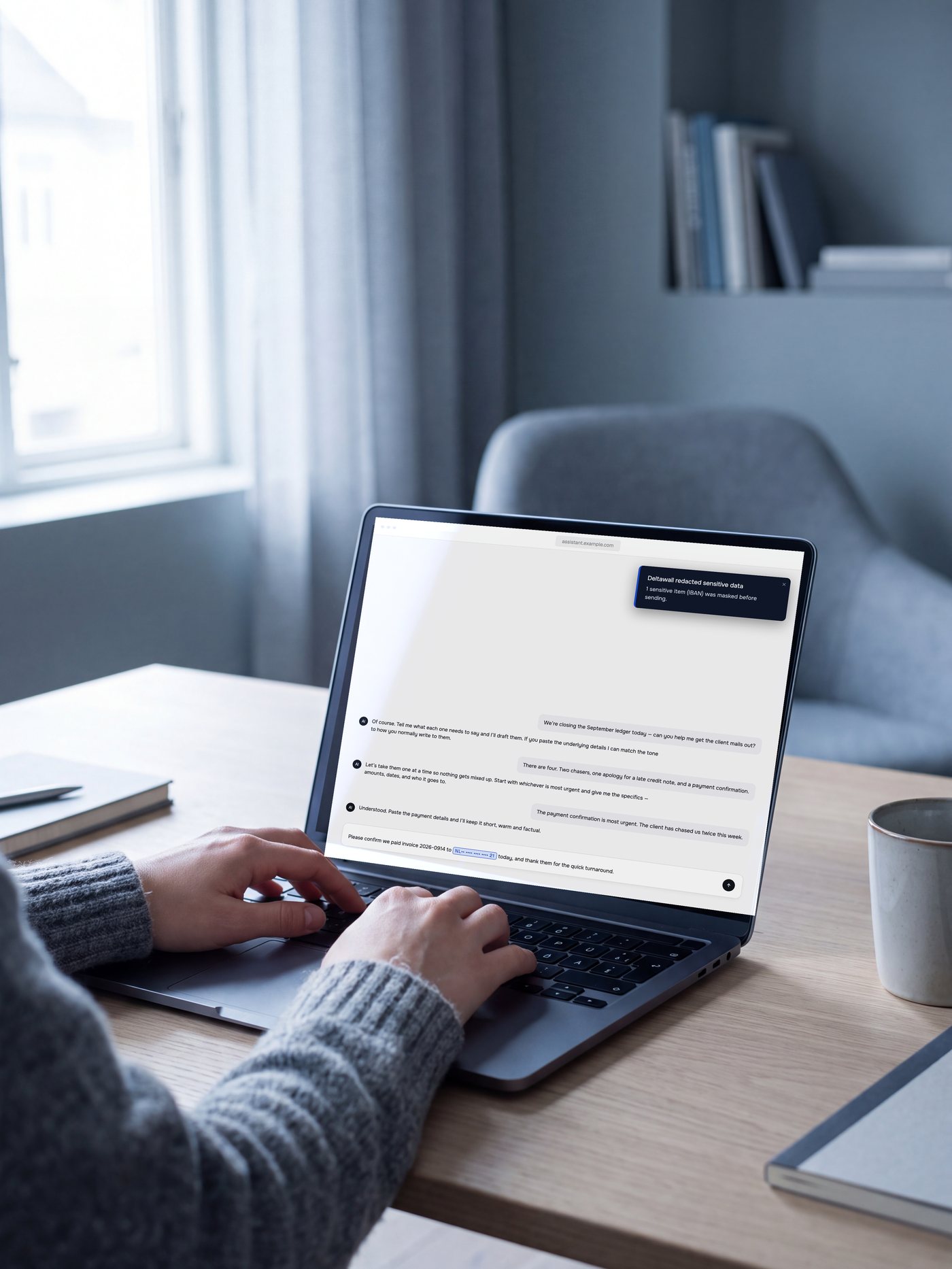 Hands typing at a laptop in a Dutch office. On the screen, the Deltawall banner: one IBAN masked before sending