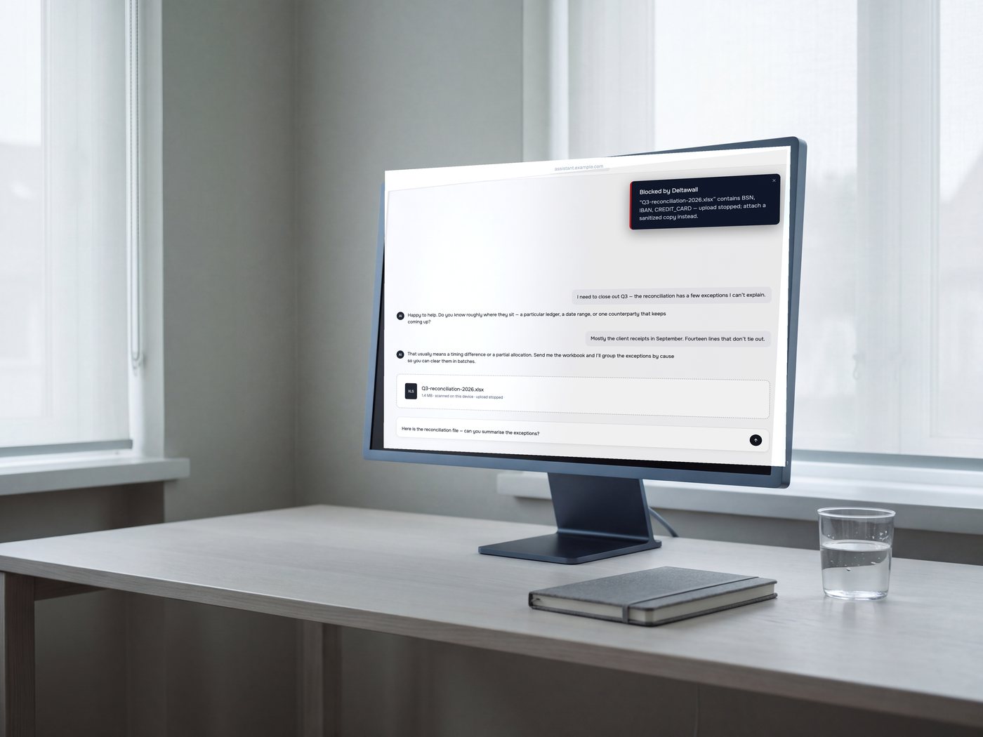A monitor on a desk by a window. On the screen, a spreadsheet stopped on upload because it contains BSN, IBAN and card numbers