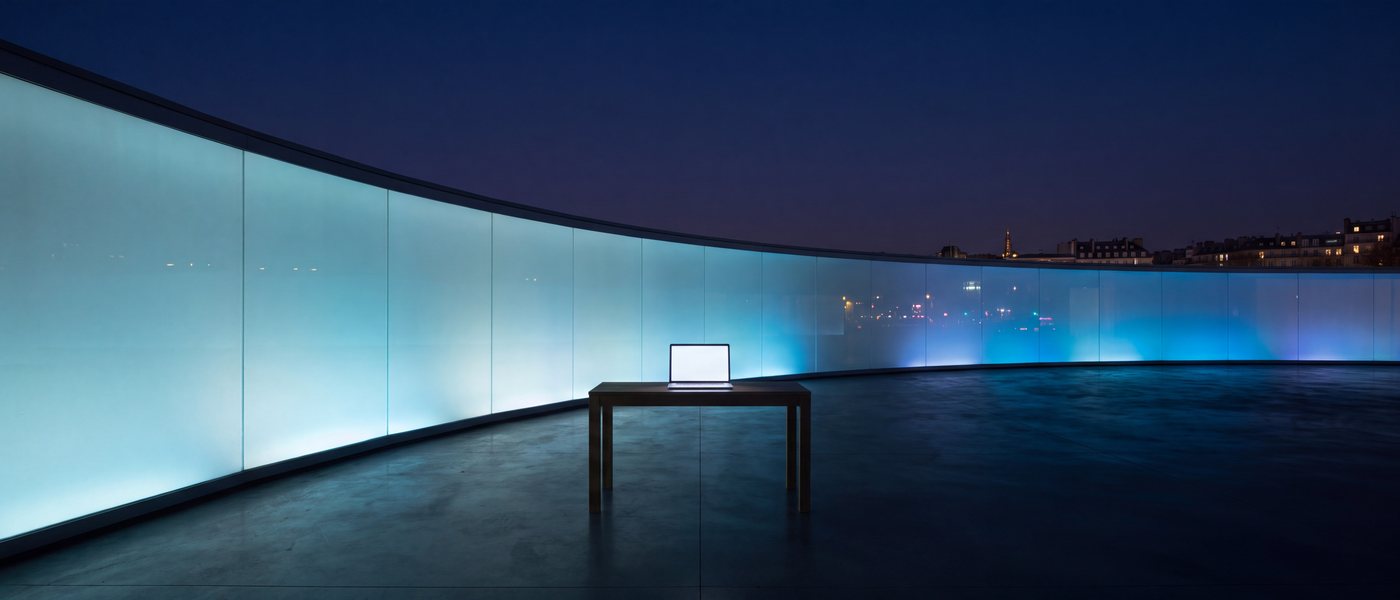 A long wall of frosted glass lit cyan to electric blue, one lit laptop on a desk in front of it, a city at night behind